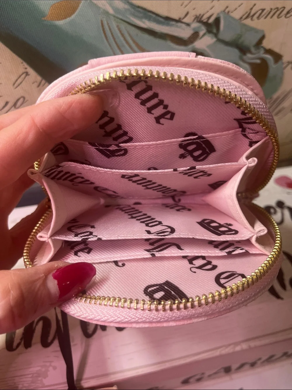 Juicy Couture Pale Pink Monogram card holder Wallet with Gold JC Emblem